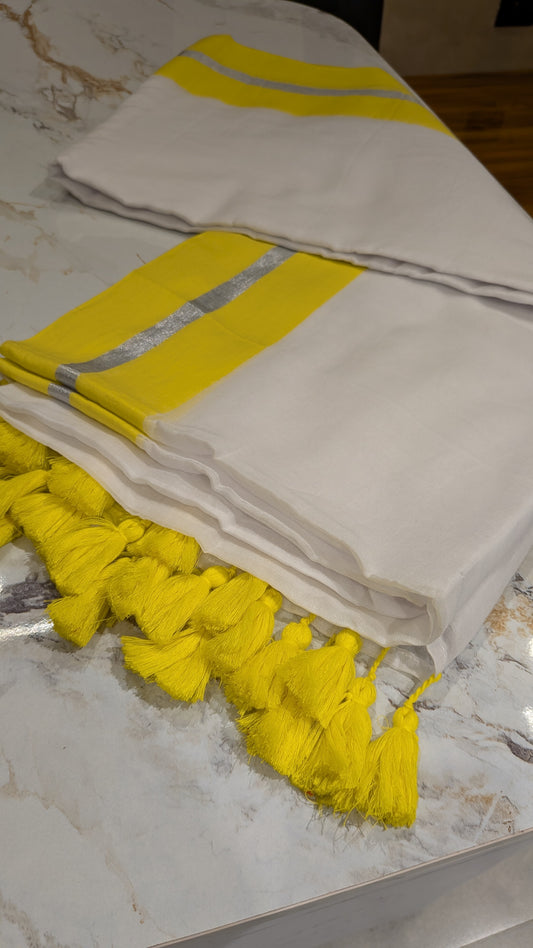 Mridula - Yellow and Silver Border white Mulmul saree