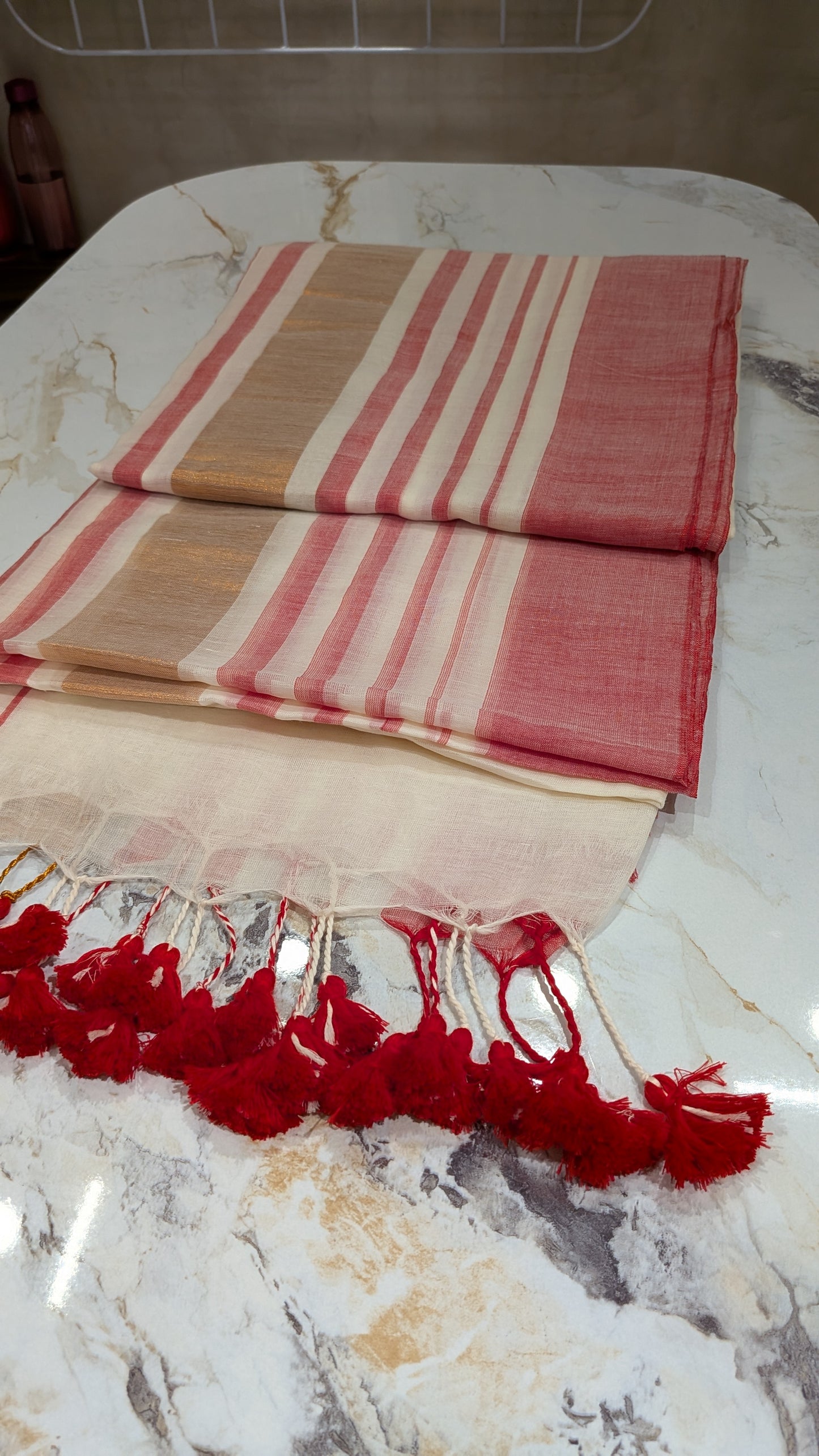 Mridula- Red Stripes Border White Mulmul saree