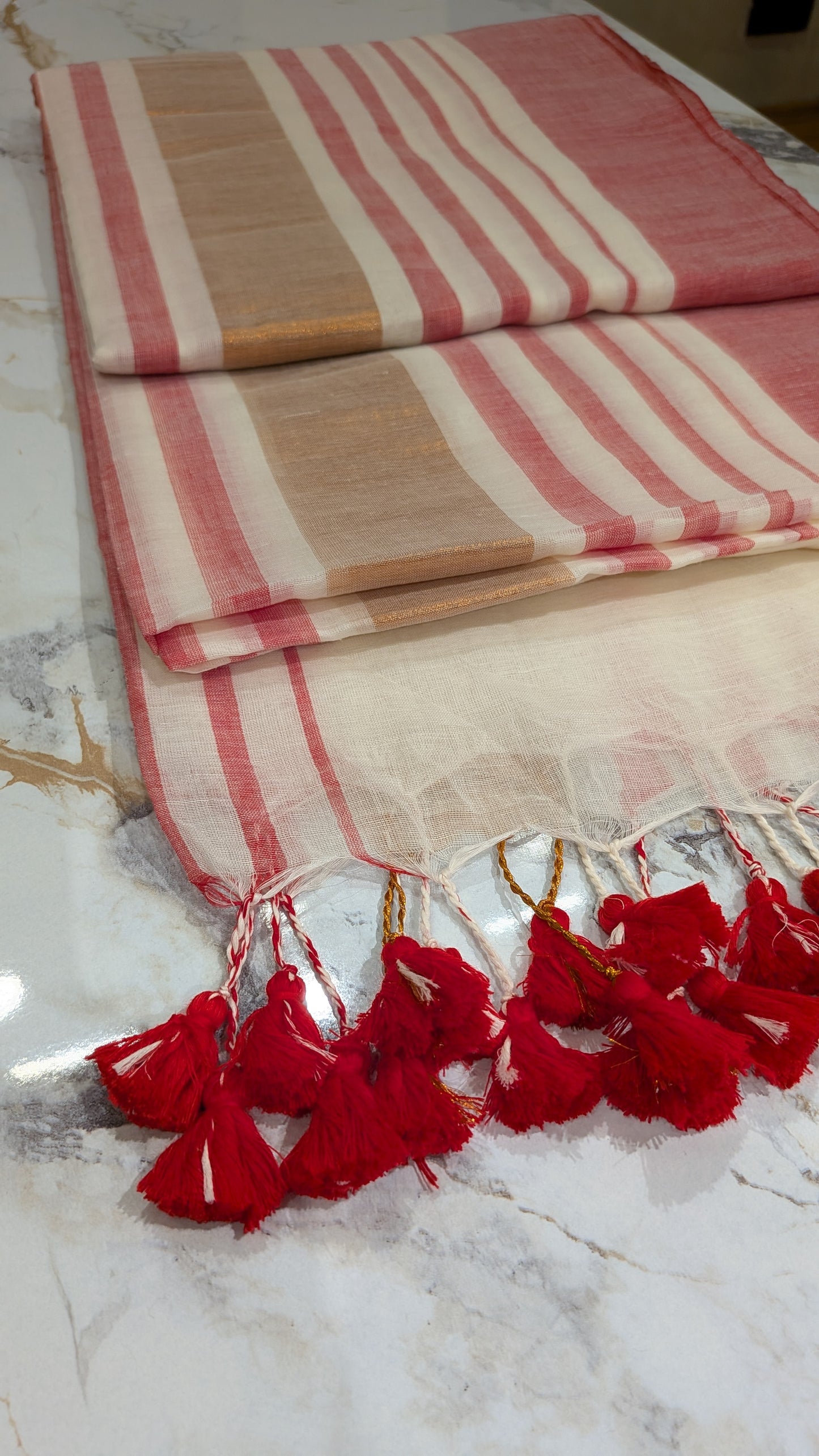 Mridula- Red Stripes Border White Mulmul saree