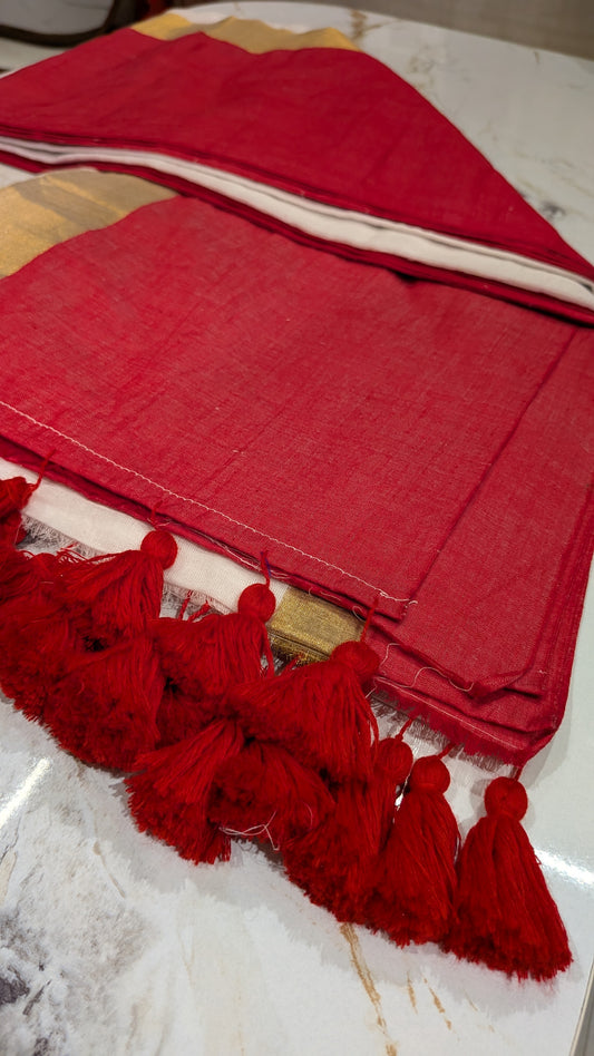 Mridula - Broad Red border Mulmul Saree