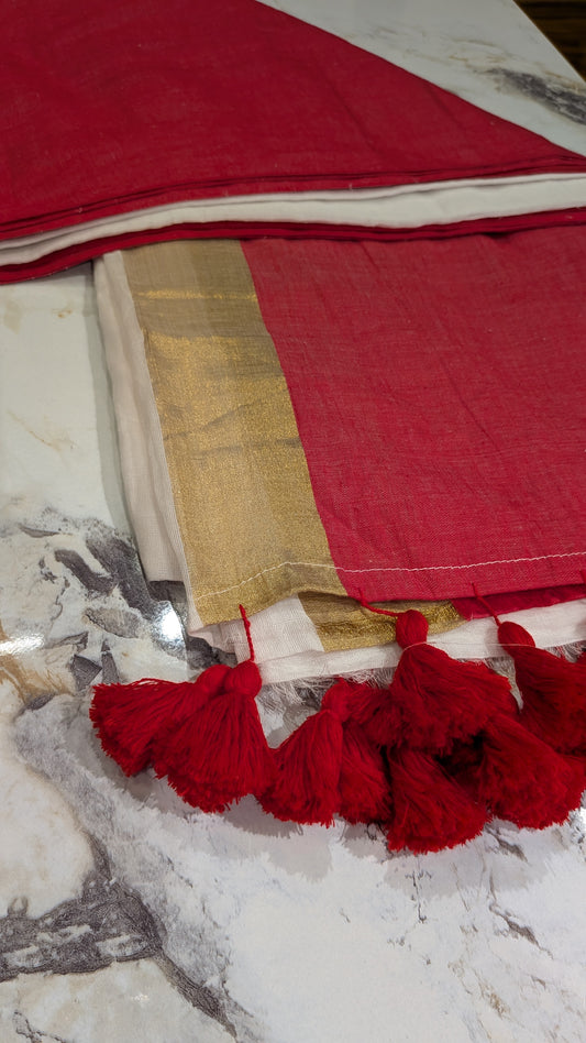 Mridula - Broad Red border Mulmul Saree