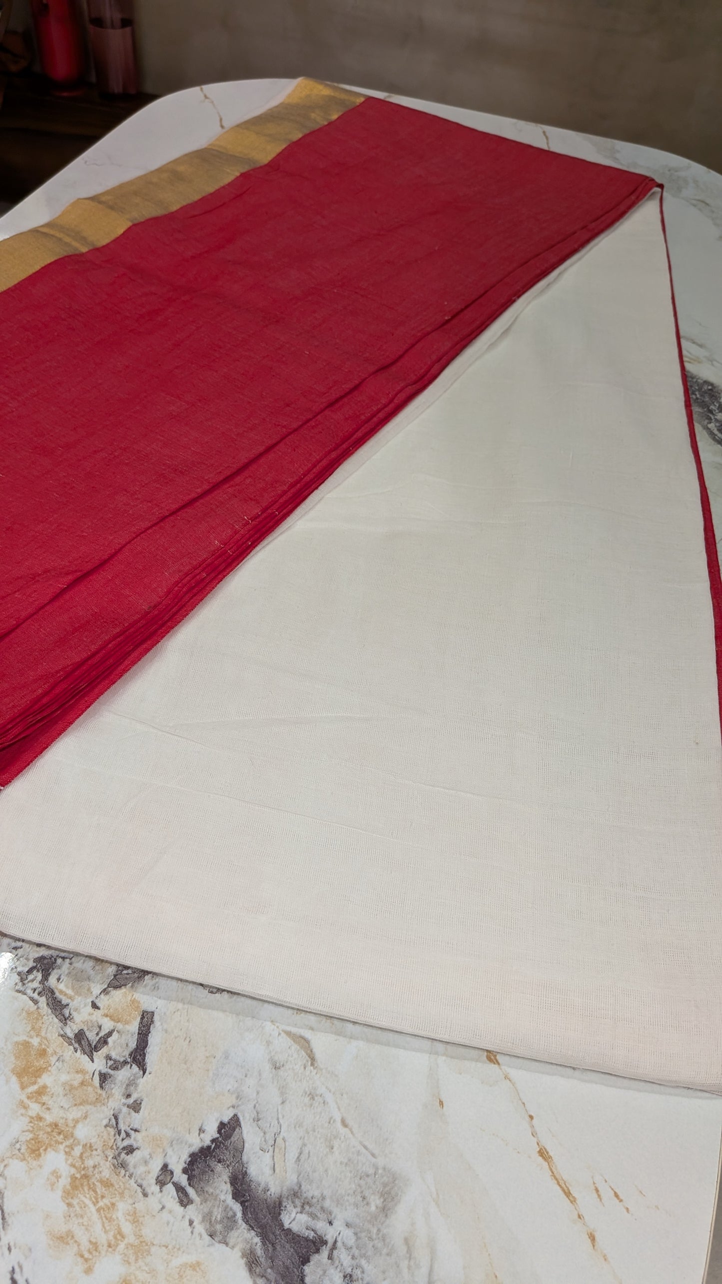 Mridula - Broad Red border Mulmul Saree