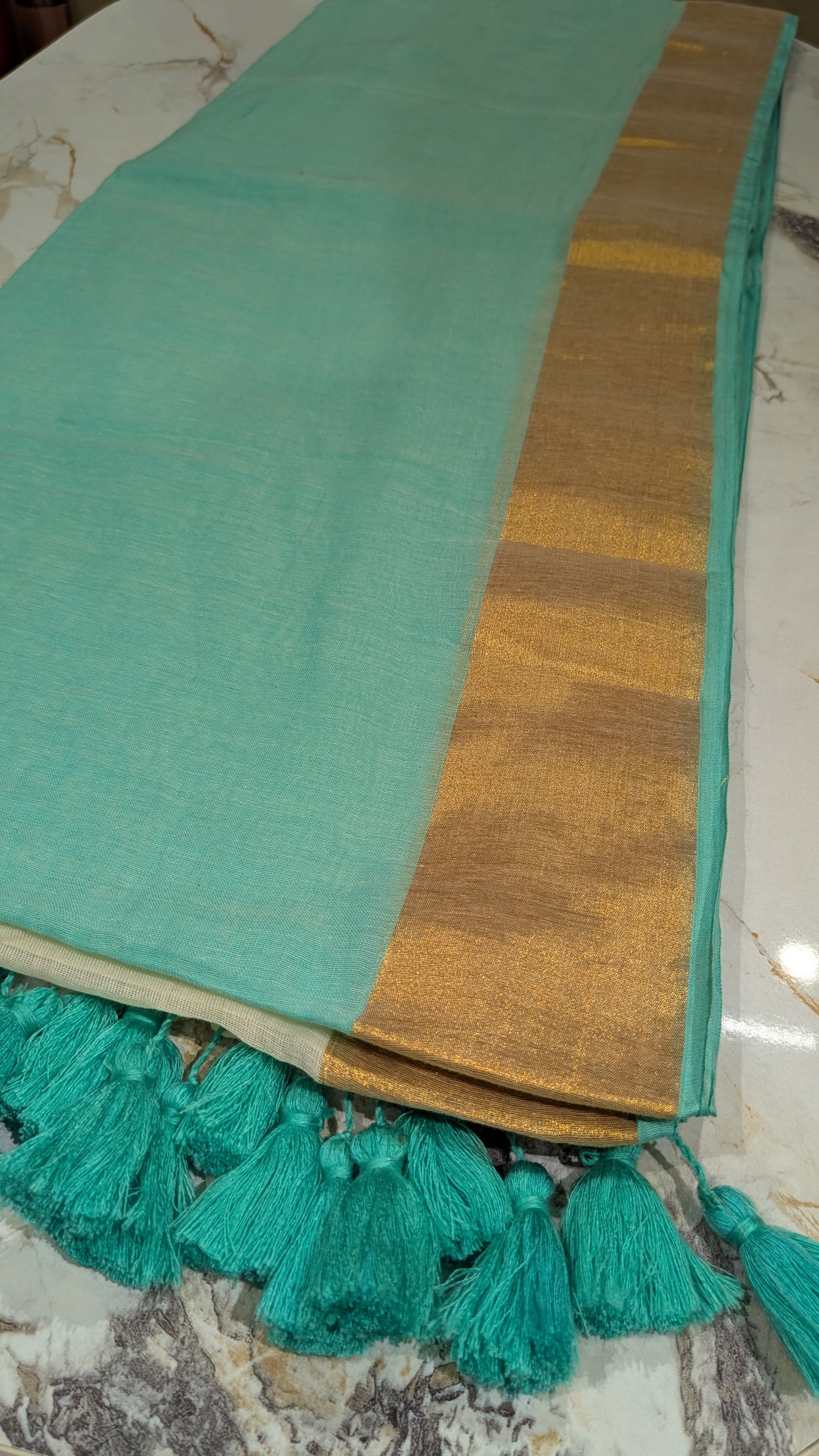 Mridula -Green & Off-White Mul Mul Cotton Kasavu Saree