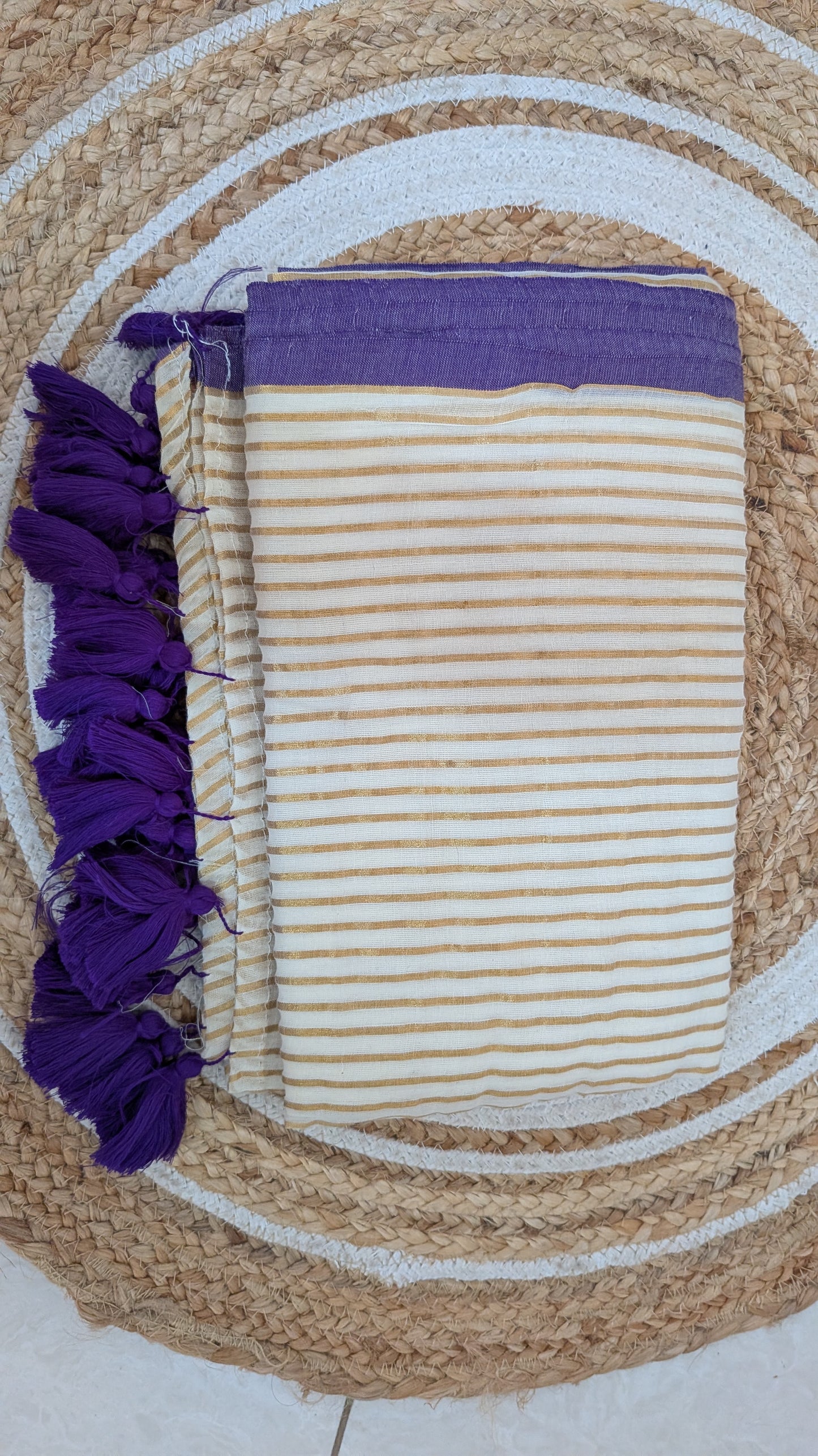 Off-White Mulmul Cotton Saree with Violet Border & Golden Stripes