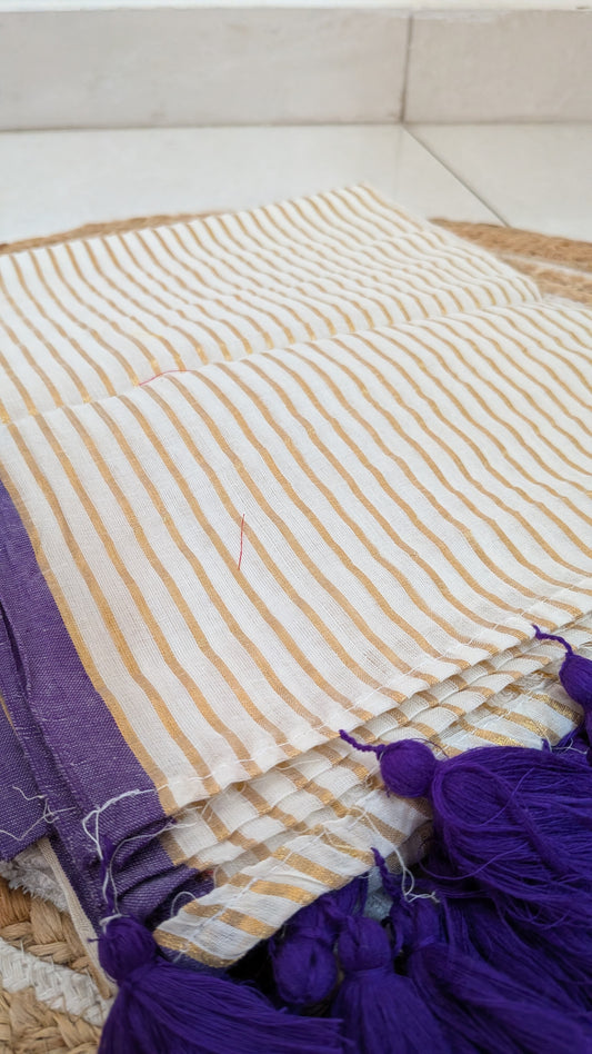 Off-White Mulmul Cotton Saree with Violet Border & Golden Stripes