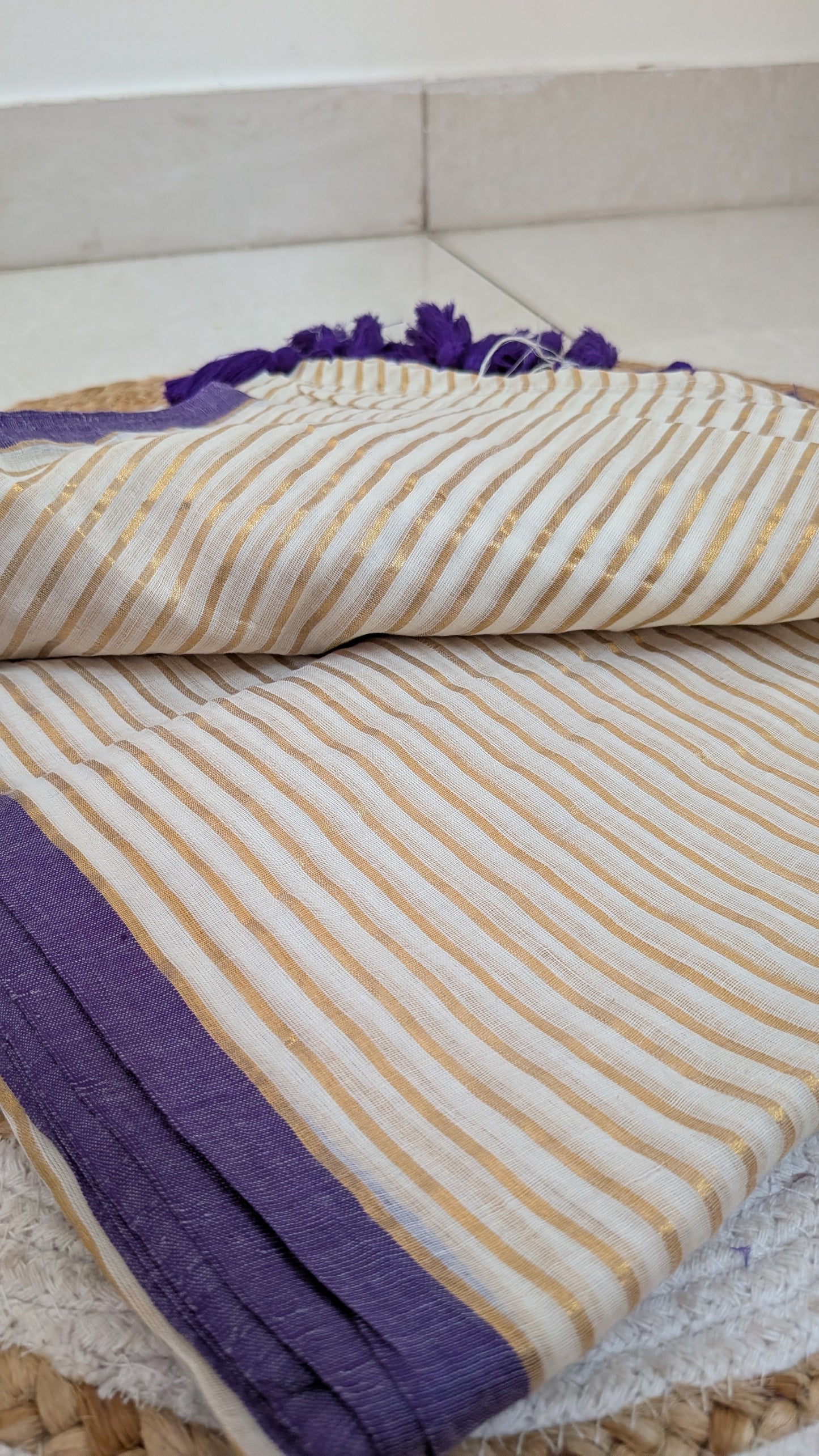 Off-White Mulmul Cotton Saree with Violet Border & Golden Stripes