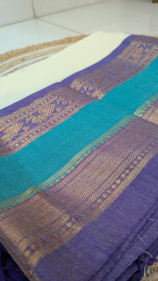 Off-White Mulmul Cotton Saree with Violet, Green & Golden Kanchi Border