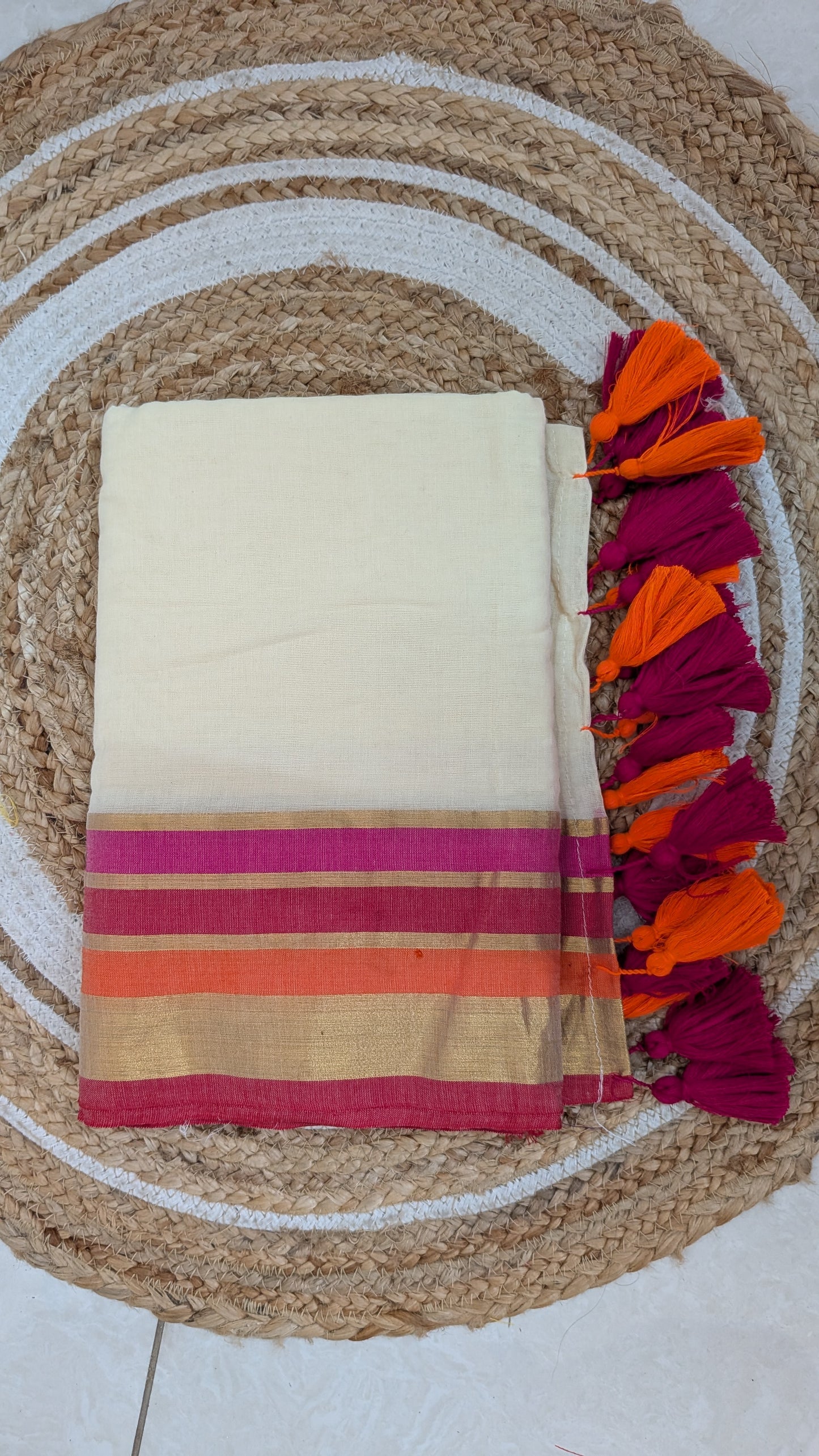 Off-White Mulmul Cotton Saree with Pink, Orange & Golden Kara Kasavu Border