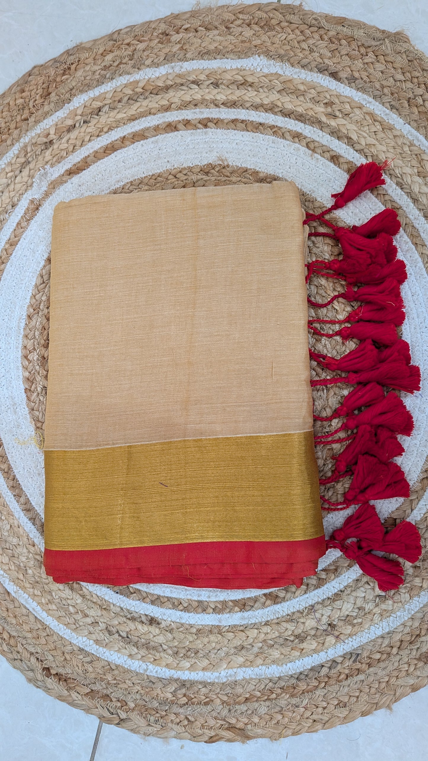 Off-White Mulmul Cotton Saree with Golden & Red Piping Border