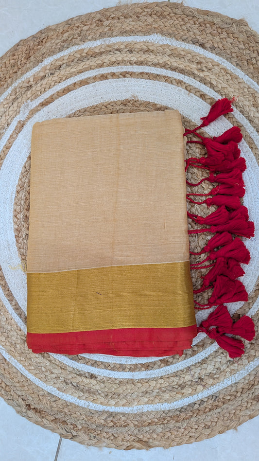 Off-White Mulmul Cotton Saree with Golden & Red Piping Border