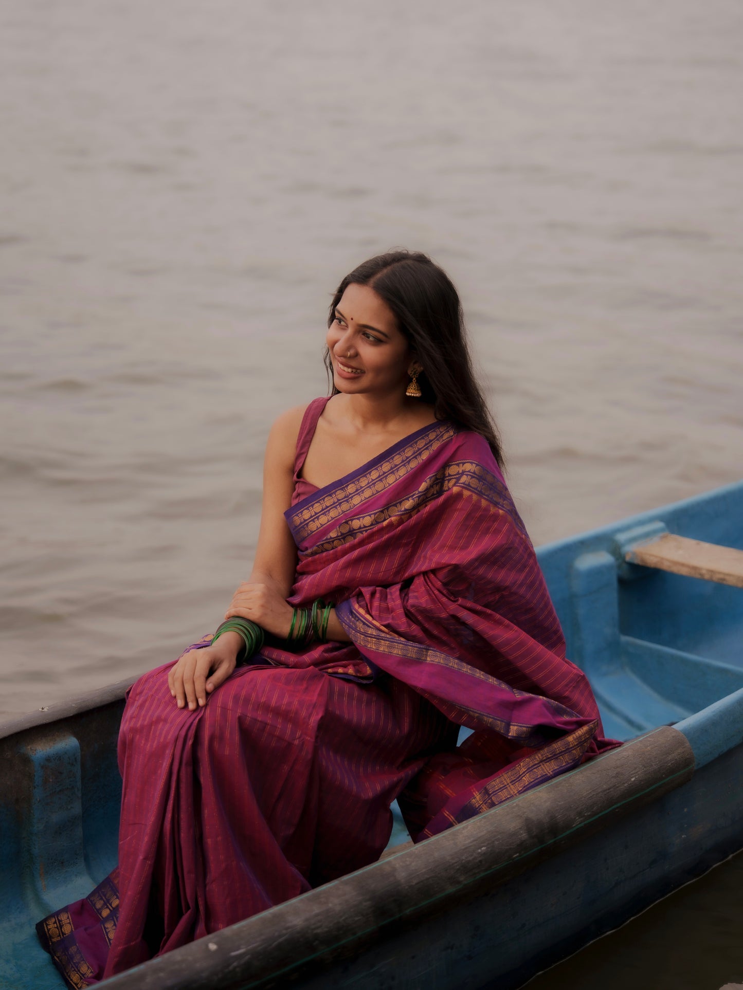 Nira- Kanchi Cotton Purple & Magenta Saree with Golden Zari Stripes