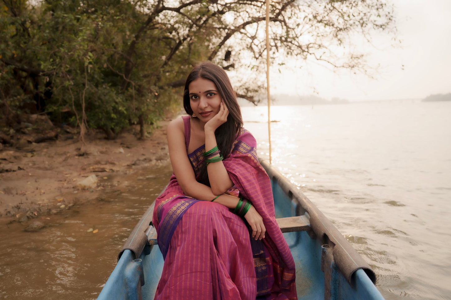Nira- Kanchi Cotton Purple & Magenta Saree with Golden Zari Stripes