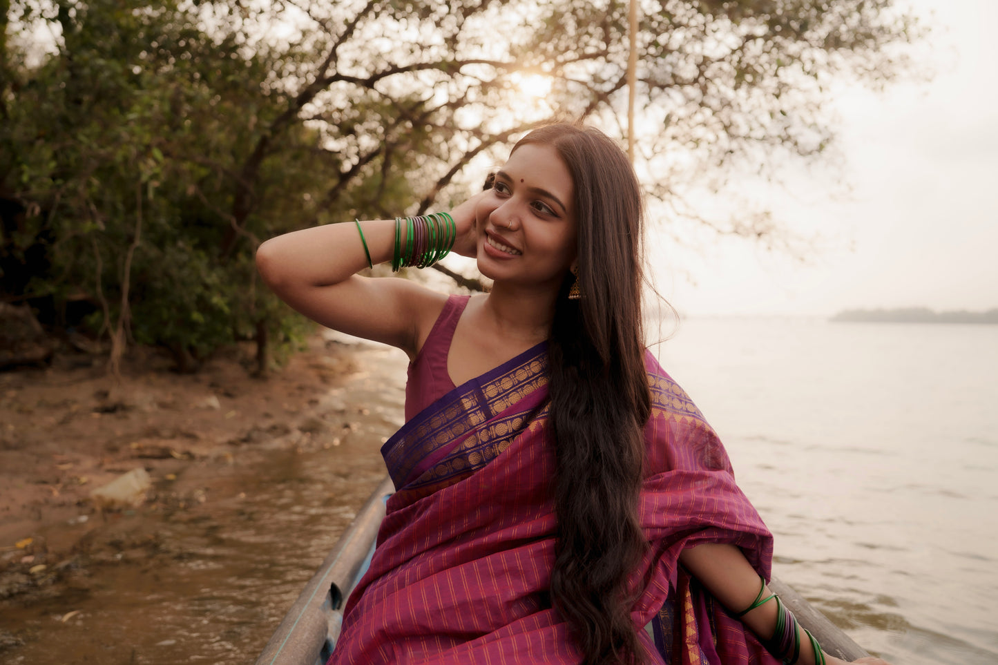 Nira- Kanchi Cotton Purple & Magenta Saree with Golden Zari Stripes