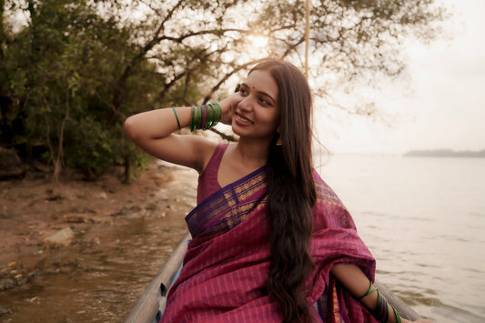Nira- Kanchi Cotton Purple & Magenta Saree with Golden Zari Stripes