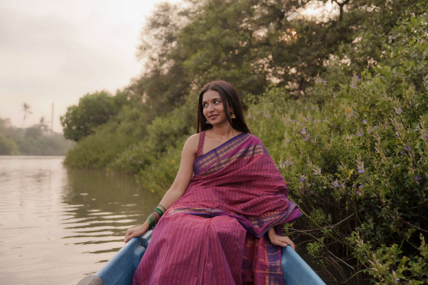 Nira- Kanchi Cotton Purple & Magenta Saree with Golden Zari Stripes