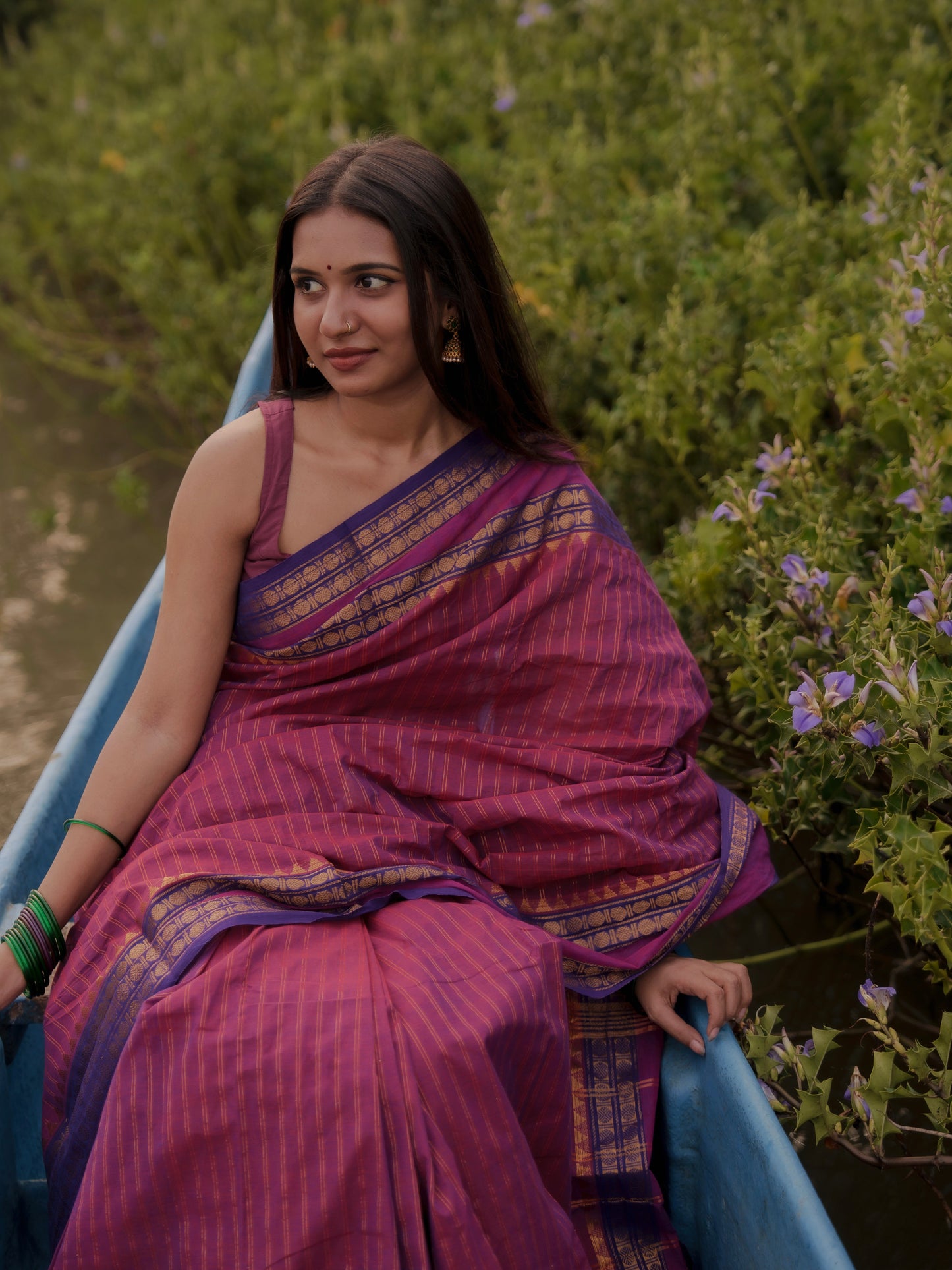 Nira- Kanchi Cotton Purple & Magenta Saree with Golden Zari Stripes