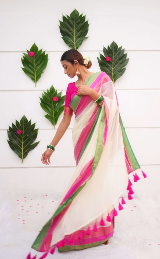 Off-White Mulmul Cotton Saree with Kara Kasavu Pink, Green & Golden Border