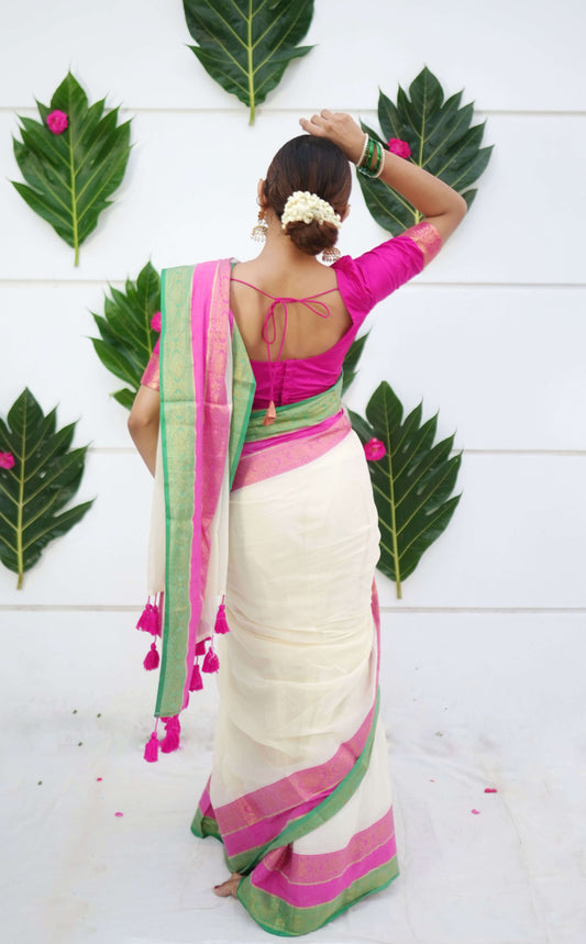 Off-White Mulmul Cotton Saree with Kara Kasavu Pink, Green & Golden Border