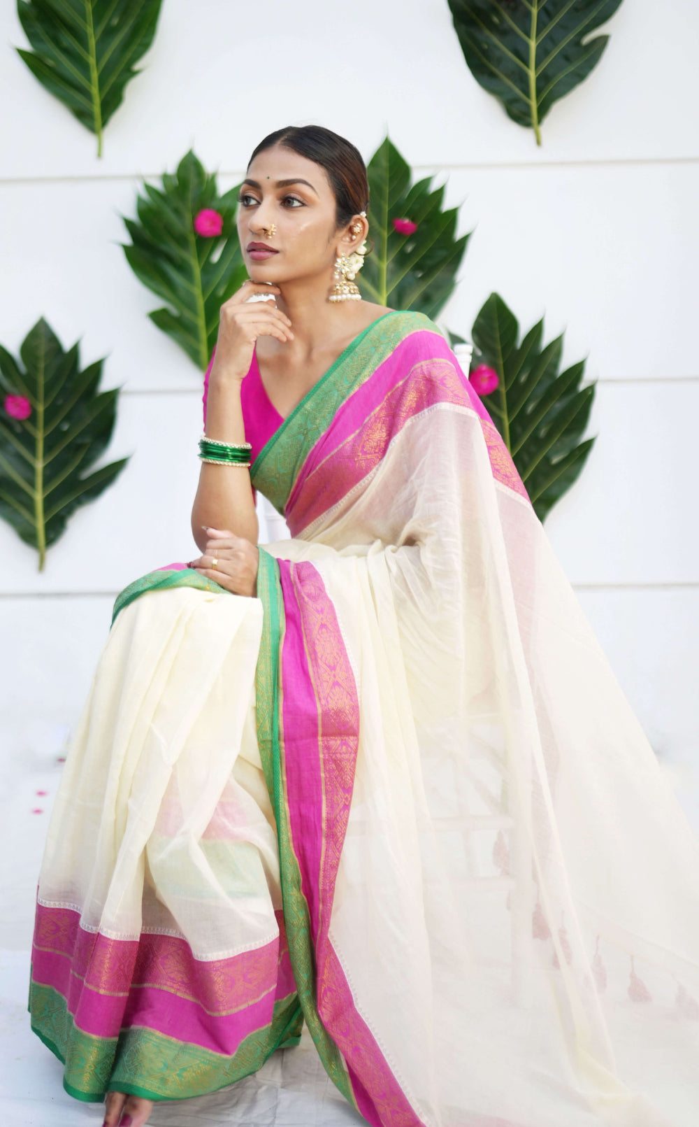 Off-White Mulmul Cotton Saree with Kara Kasavu Pink, Green & Golden Border