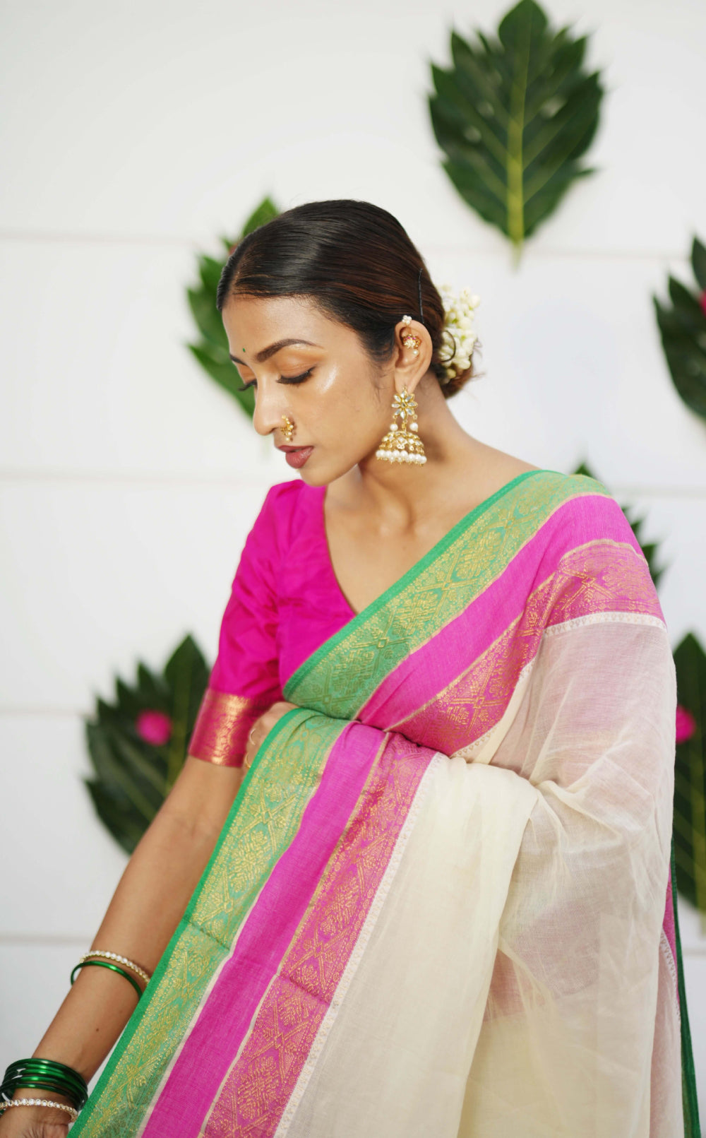 Off-White Mulmul Cotton Saree with Kara Kasavu Pink, Green & Golden Border