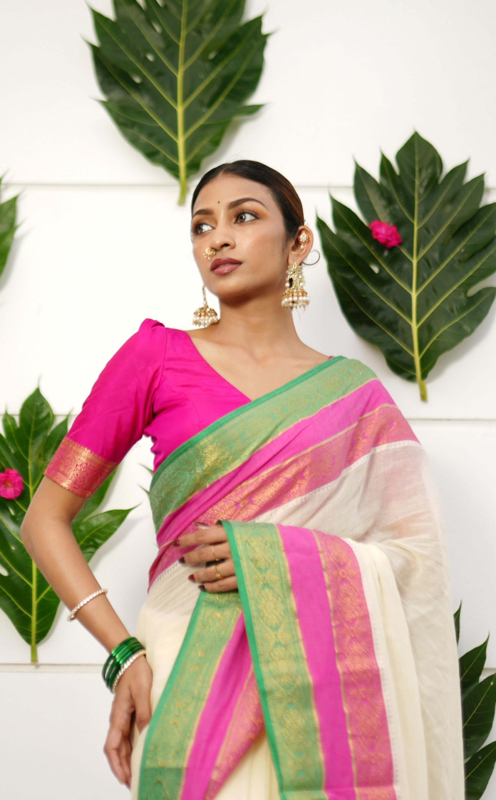 Off-White Mulmul Cotton Saree with Kara Kasavu Pink, Green & Golden Border