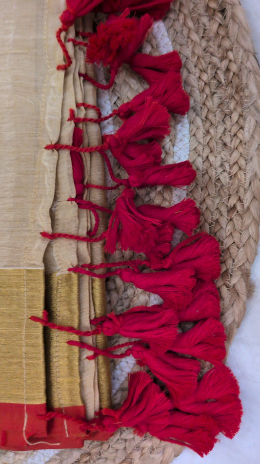 Off-White Mulmul Cotton Saree with Golden & Red Piping Border